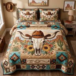 Cowboy Desert Skull 3 Piece Quilted Bedding Set Gift For Western Lovers