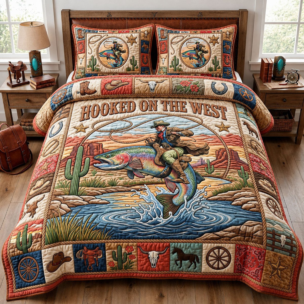 Cowboy Riding Rainbow Trout 3 Piece Quilted Bedding Set Gift For Western Lovers