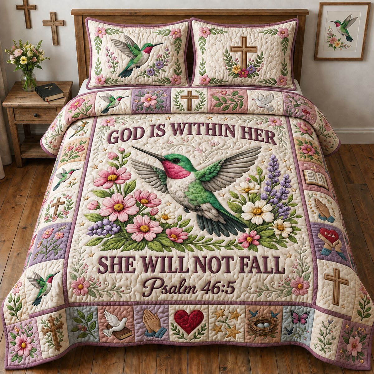 God Is Within Her 3 Piece Quilted Bedding Set Gift For Christians