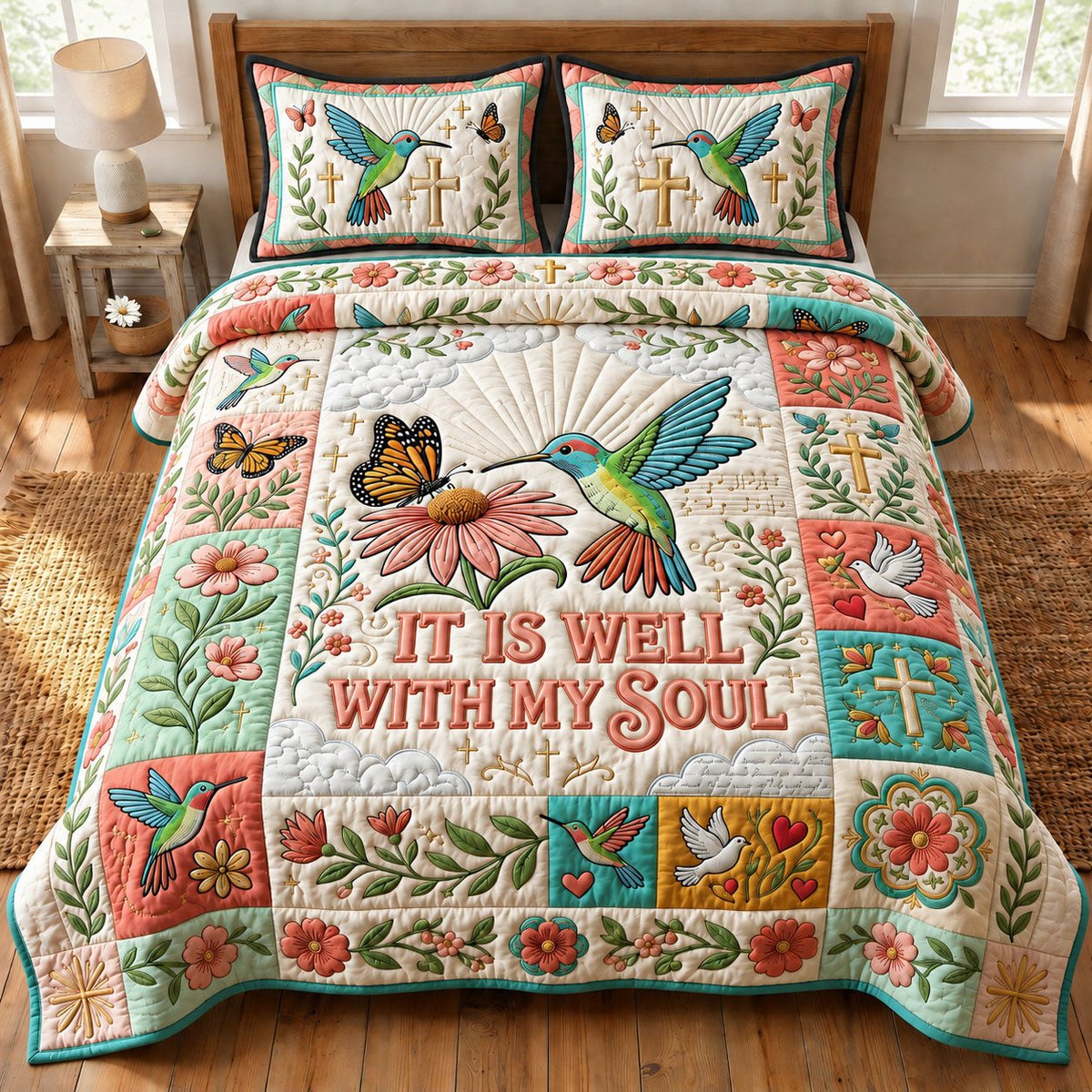 It Is Well with My Soul 3 Piece Quilted Bedding Set Gift For Bird Lovers