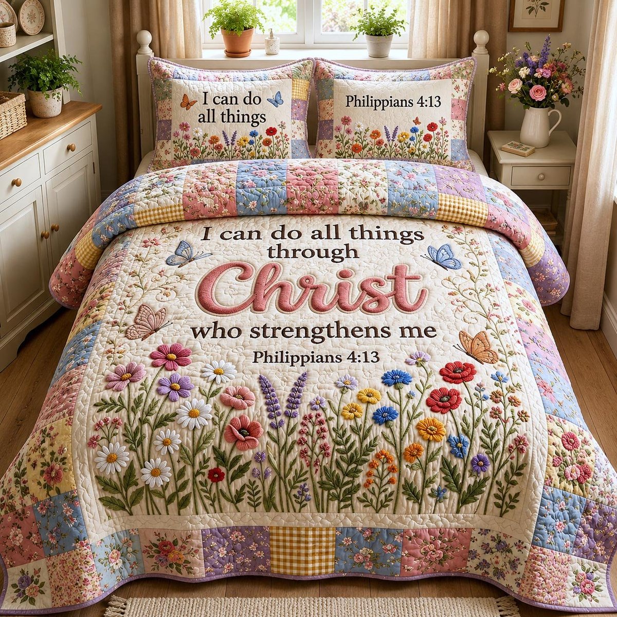 Philippians 4 13 Christian 3 Piece Quilted Bedding Set Gift For Christians