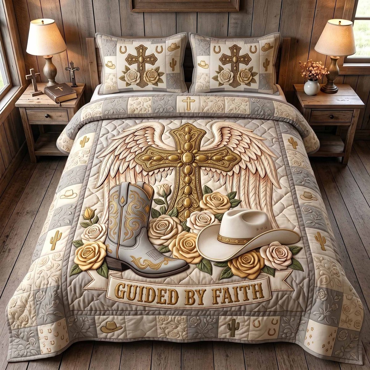 Western Grace Christian 3 Piece Quilted Bedding Set Gift For Western Lovers