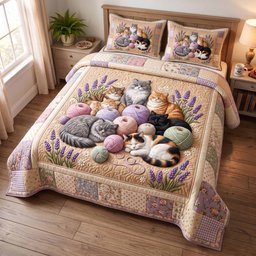 Woolly Whiskers Cat 3 Piece Quilted Bedding Set Gift For Cat Lovers