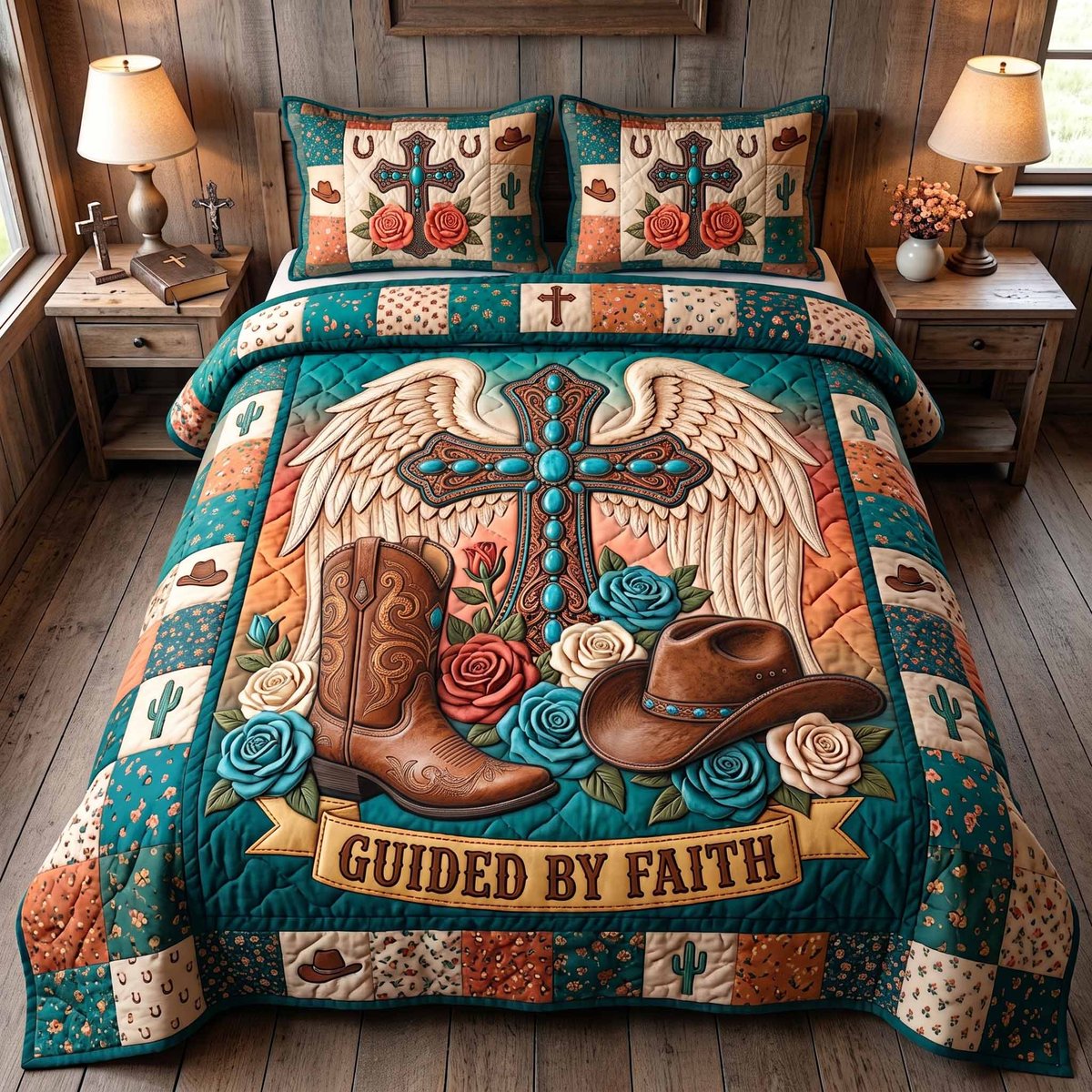 Western Grace Christian 3 Piece Quilted Bedding Set Gift For Western Lovers