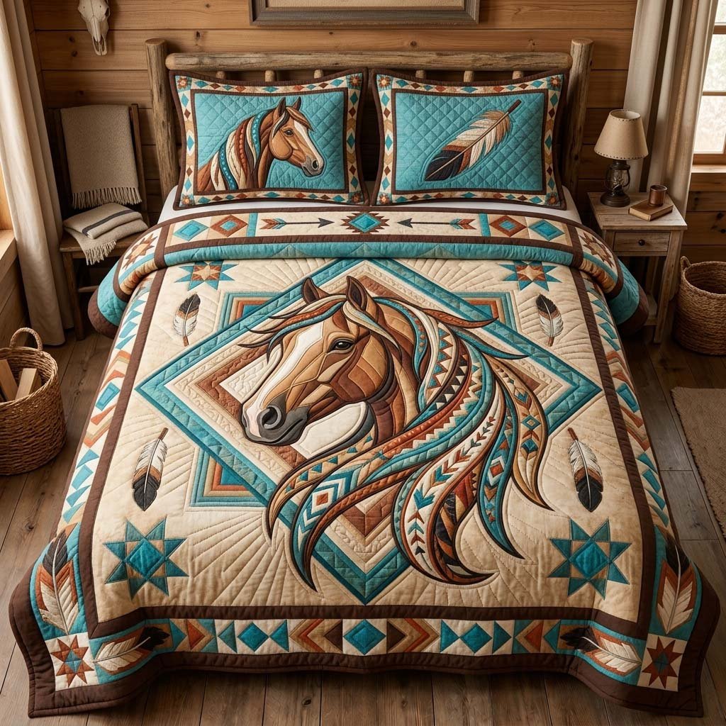Turquoise Mane Horse 3 Piece Quilted Bedding Set Gift For Horse Lovers