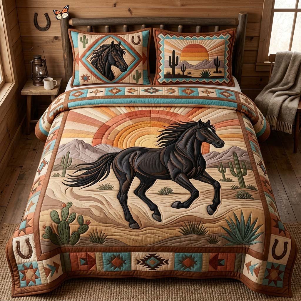 Midnight Desert Horse 3 Piece Quilted Bedding Set Gift For Horse Lovers