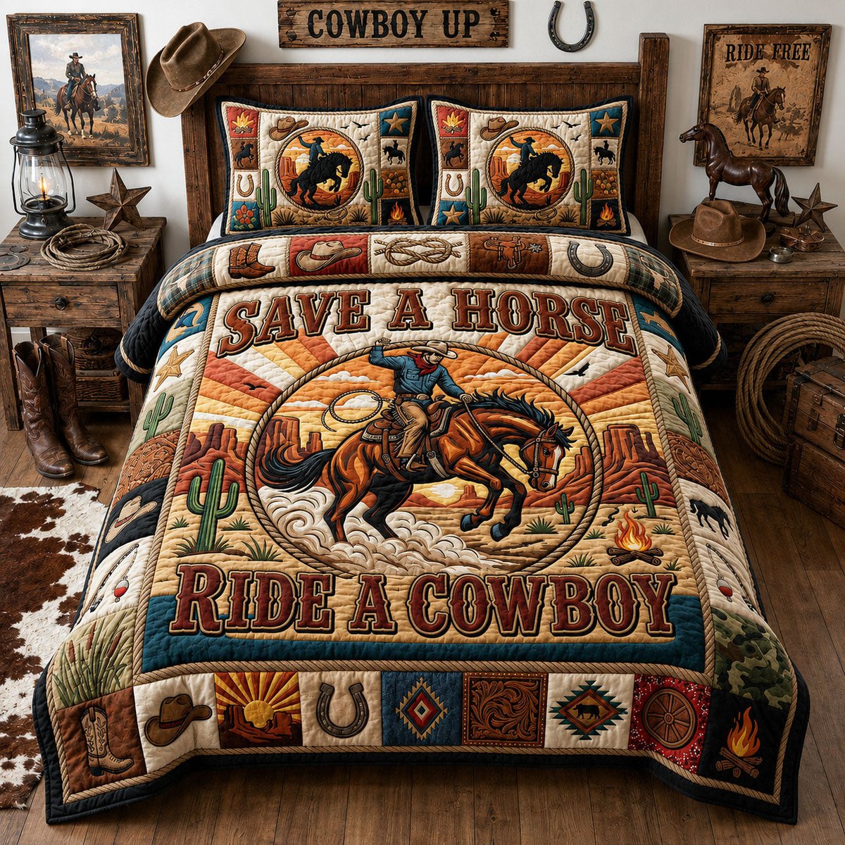 Ride a Cowboy 3 Piece Quilted Bedding Set Gift For Western Lovers