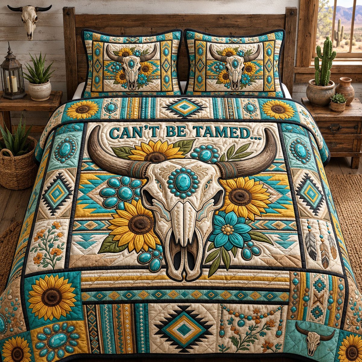 Cant Be Tamed Cow 3 Piece Quilted Bedding Set Gift For Cow Lovers