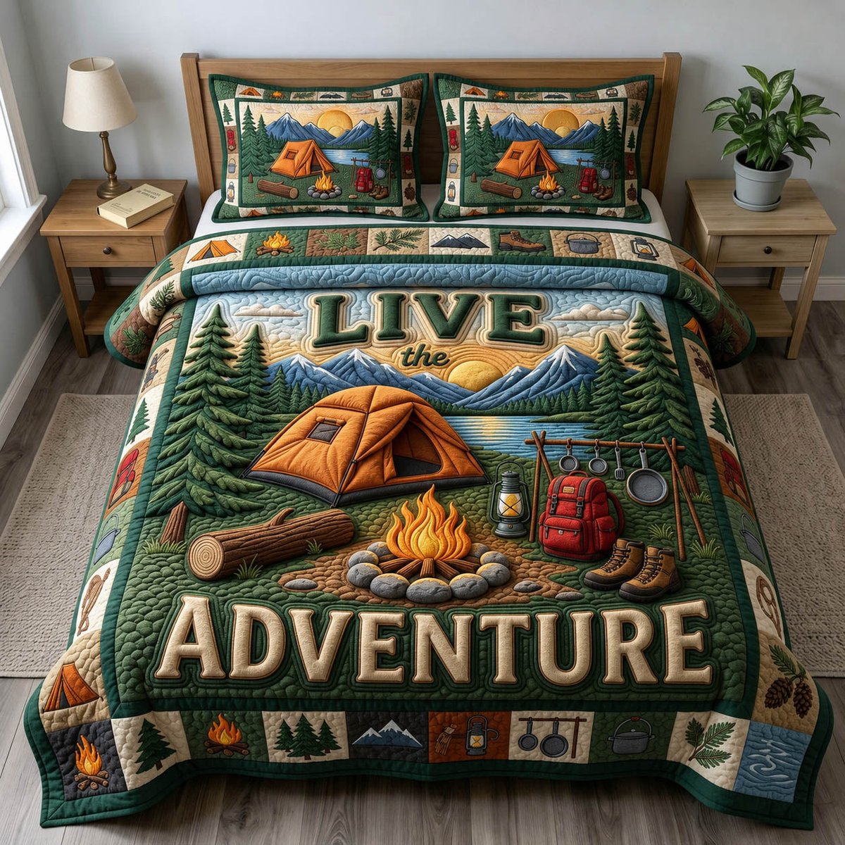 Camping Life 3 Piece Quilted Bedding Set Gift For Campers