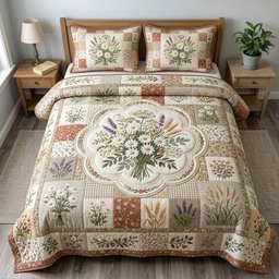 Floral Patchwork 3 Piece Quilted Bedding Set Gift For Flower Lovers
