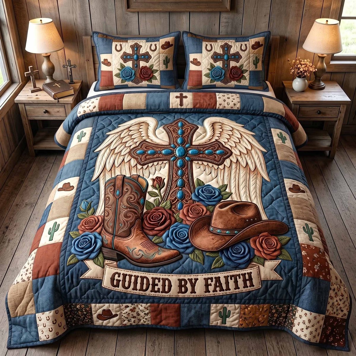 Western Grace Christian 3 Piece Quilted Bedding Set Gift For Western Lovers