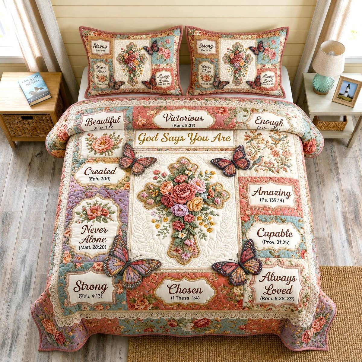 Floral Bible 3 Piece Quilted Bedding Set Gift For Christians