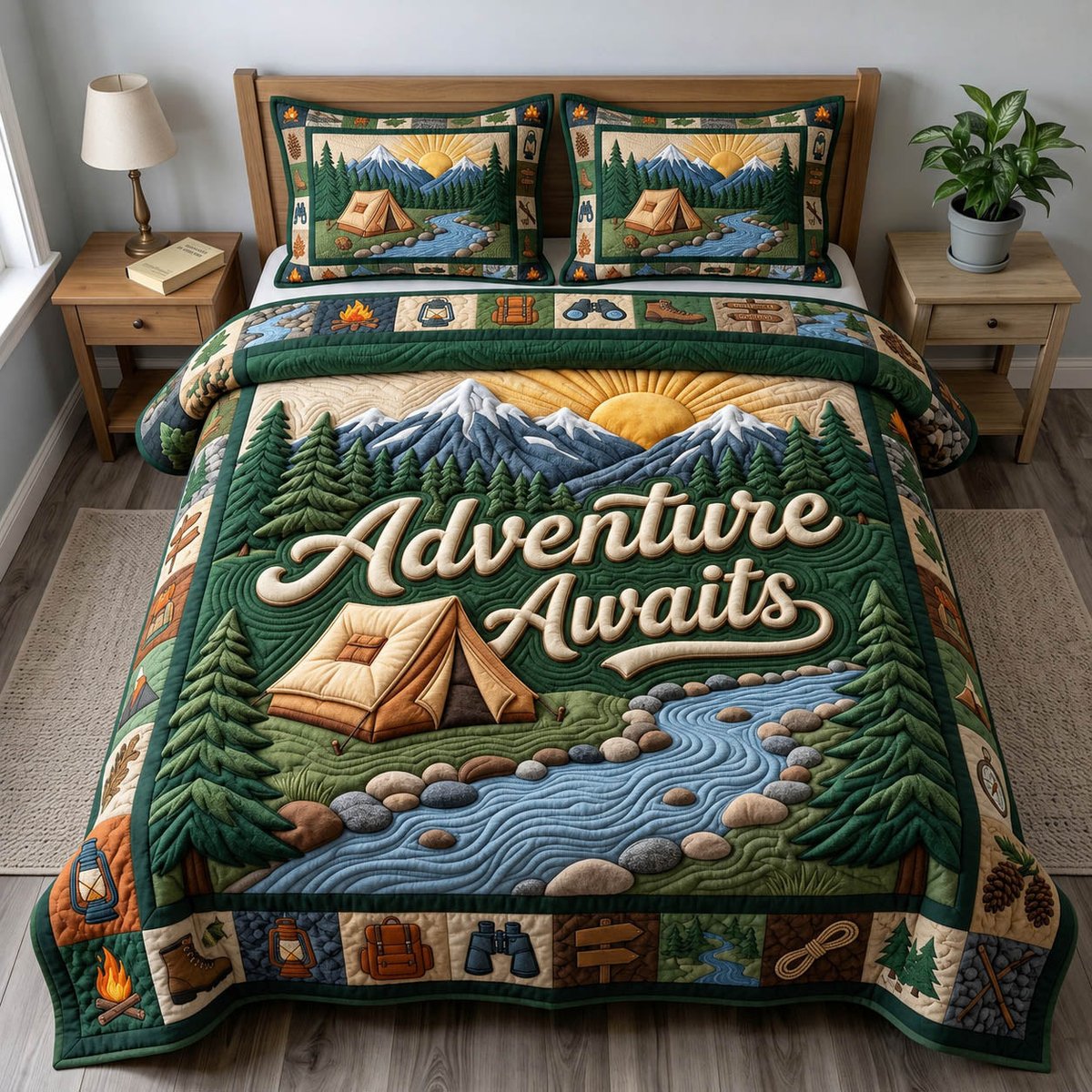 Camping Life 3 Piece Quilted Bedding Set Gift For Campers