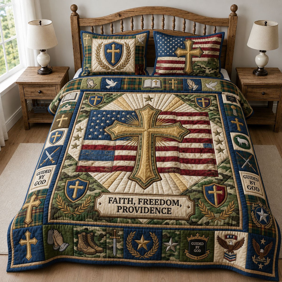 Faith Freedom Providence Christian 3 Piece Quilted Bedding Set Gift For Christians