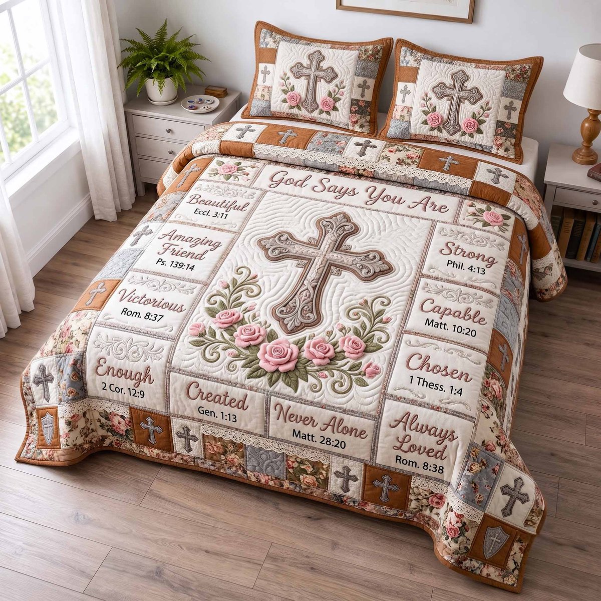 Floral Bible 3 Piece Quilted Bedding Set Gift For Christians