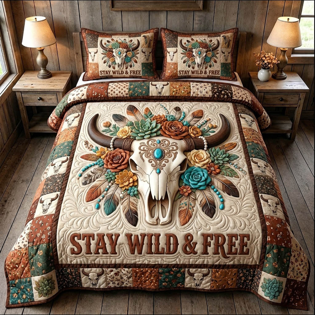Longhorn Skull 3 Piece Quilted Bedding Set Gift For Western Lovers