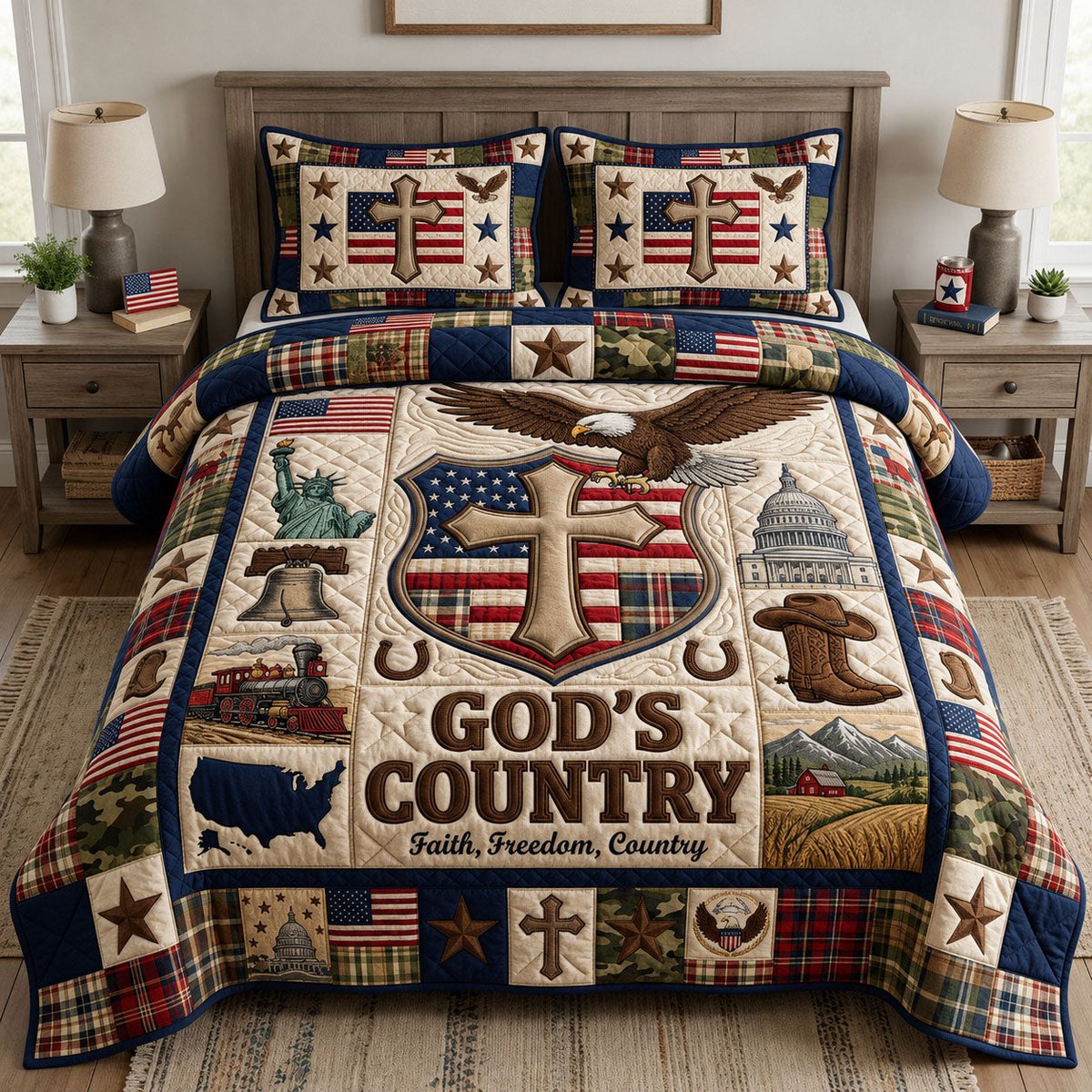 God Country Christian 3 Piece Quilted Bedding Set Gift For Christians