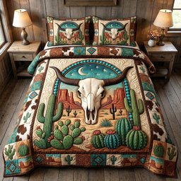 Longhorn Skull 3 Piece Quilted Bedding Set Gift For Western Lovers