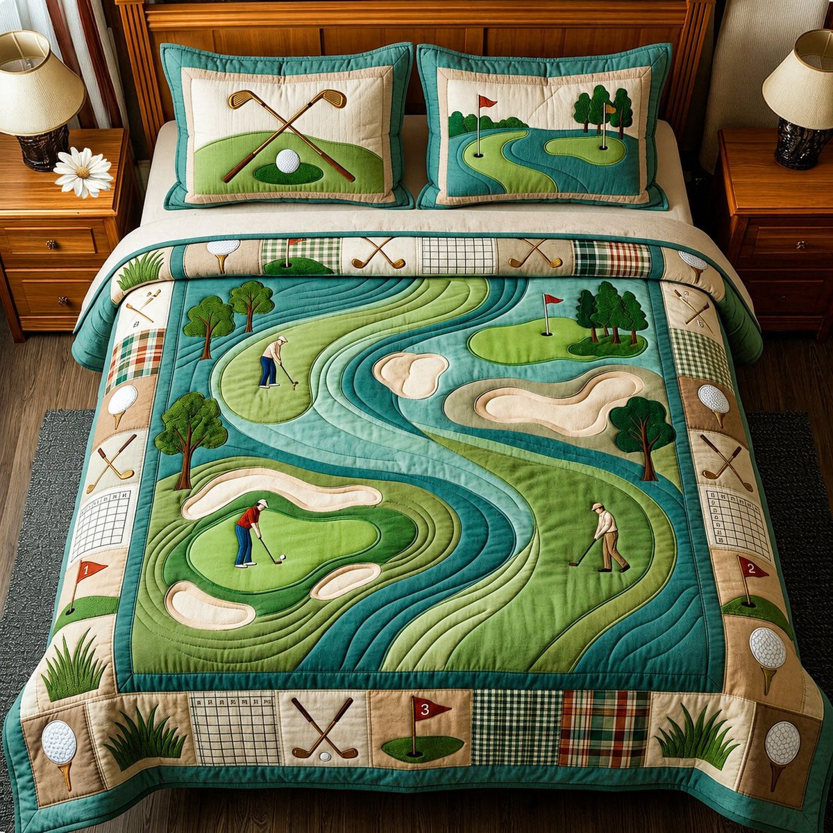 Vintage Golf Club 3 Piece Quilted Bedding Set Gift For Sports Fans