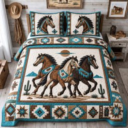 Turquoise Horse Spirit 3 Piece Quilted Bedding Set Gift For Horse Lovers