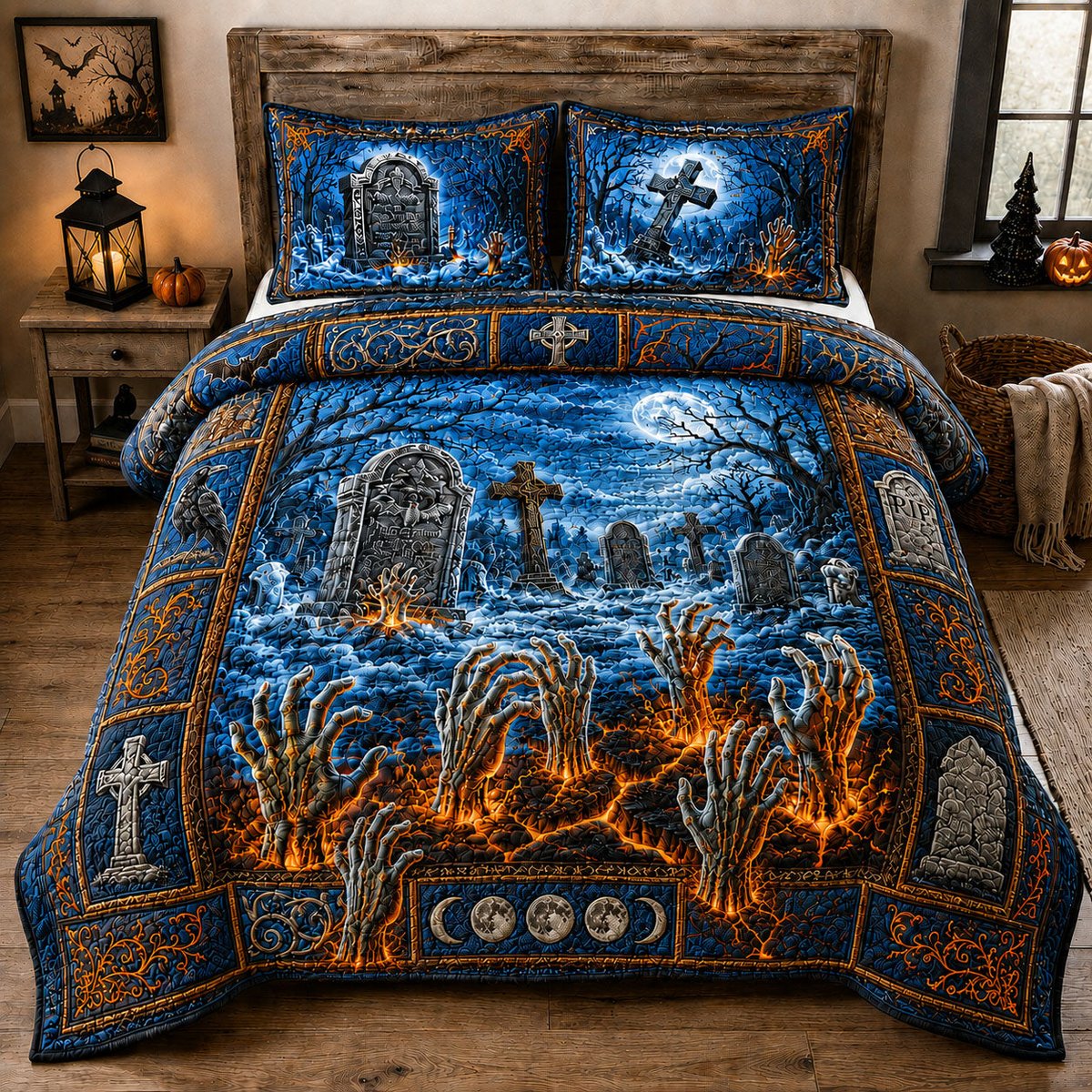 Zombie Hands Graveyard 3 Piece Quilted Bedding Set Gift For Cat Lovers