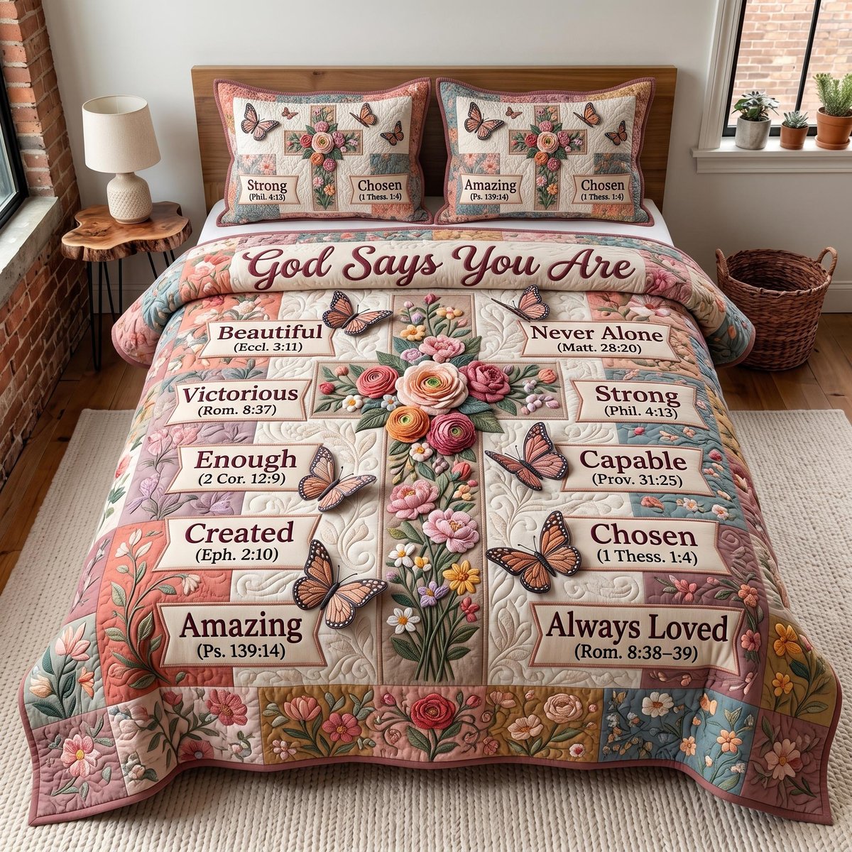 Floral Bible 3 Piece Quilted Bedding Set Gift For Christians