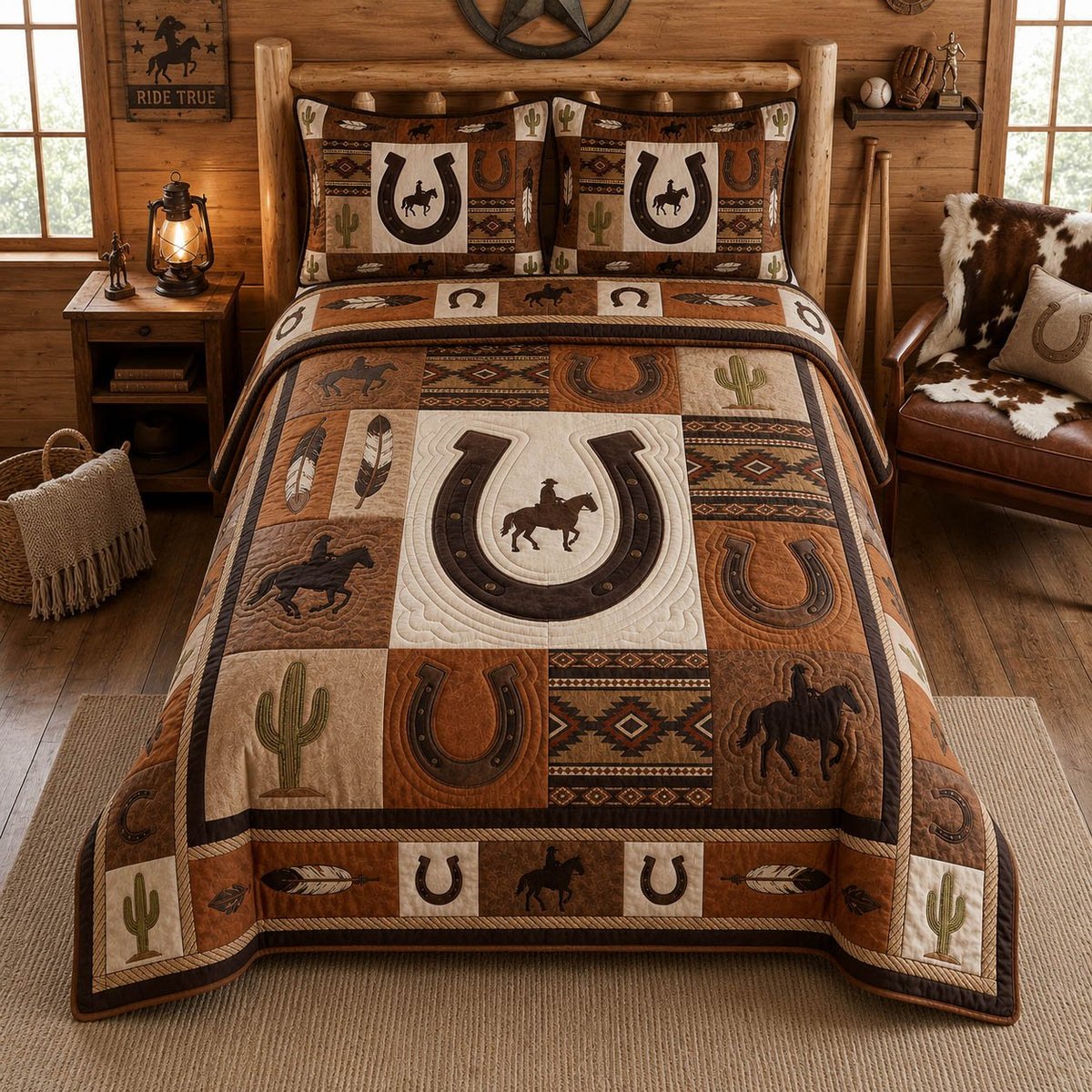 Western Cowboy 3 Piece Quilted Bedding Set Gift For Western Lovers