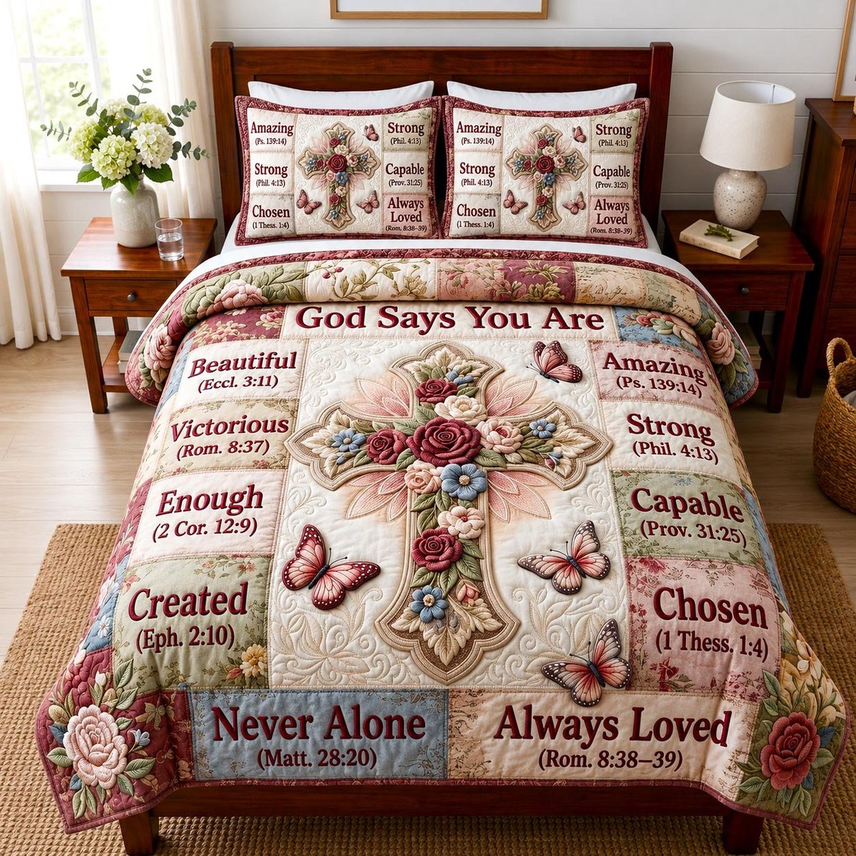 Floral Bible 3 Piece Quilted Bedding Set Gift For Christians