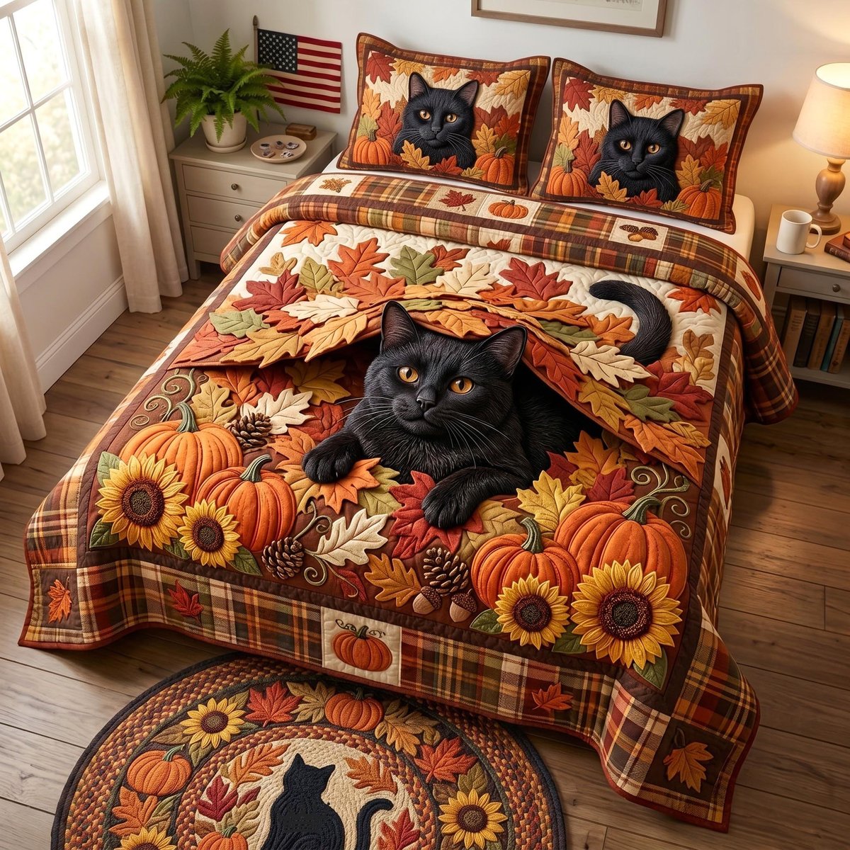 Autumn Cat 3 Piece Quilted Bedding Set Gift For Cat Lovers