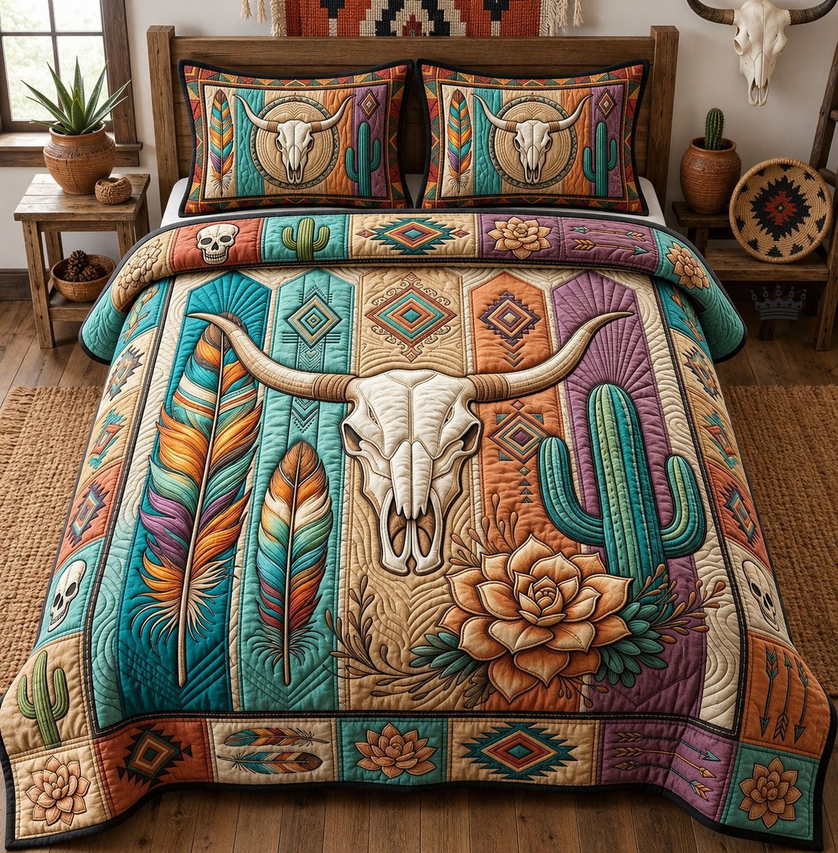 Boho Western Cow 3 Piece Quilted Bedding Set Gift For Western Lovers