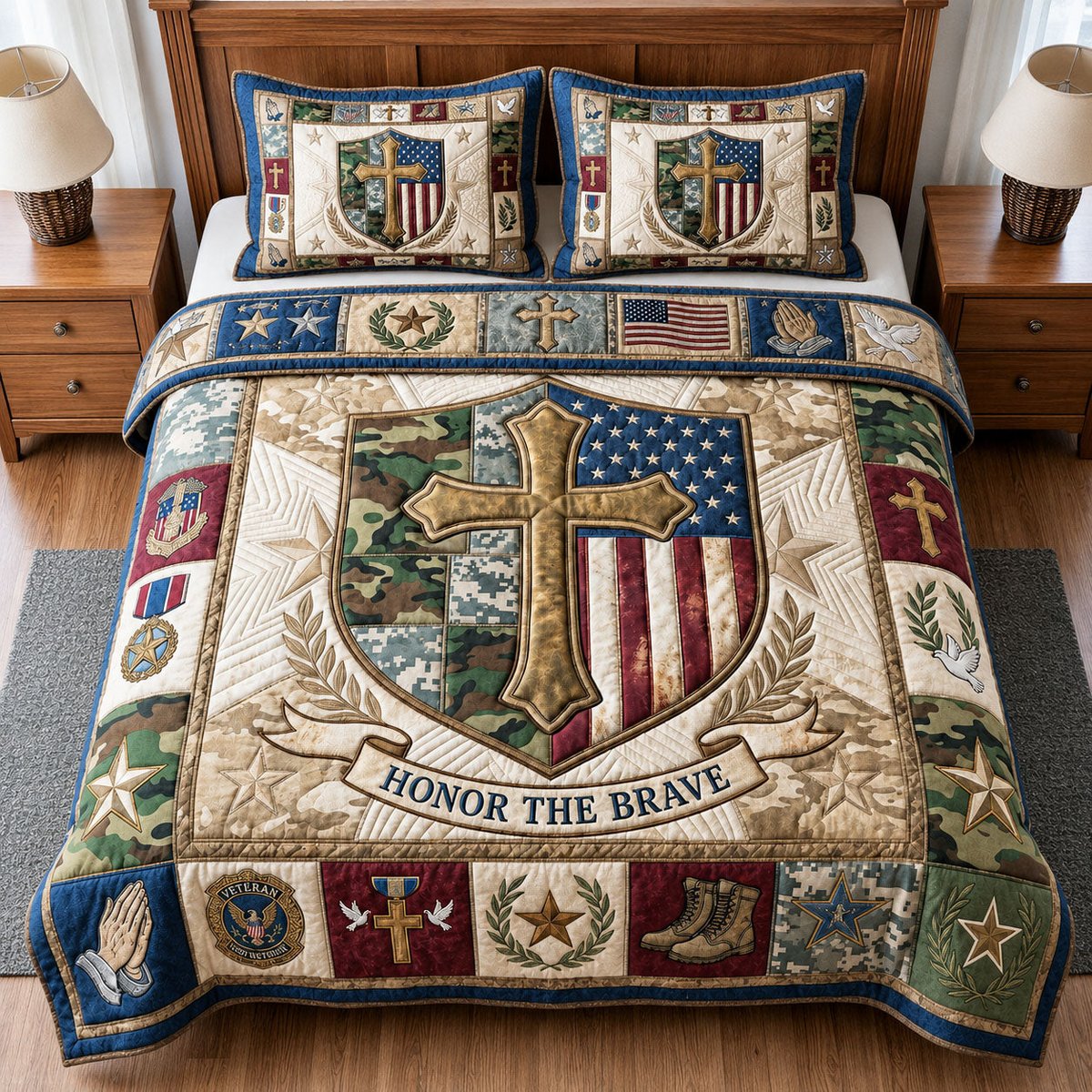 Honor the Brave Christian 3 Piece Quilted Bedding Set Gift For Christians
