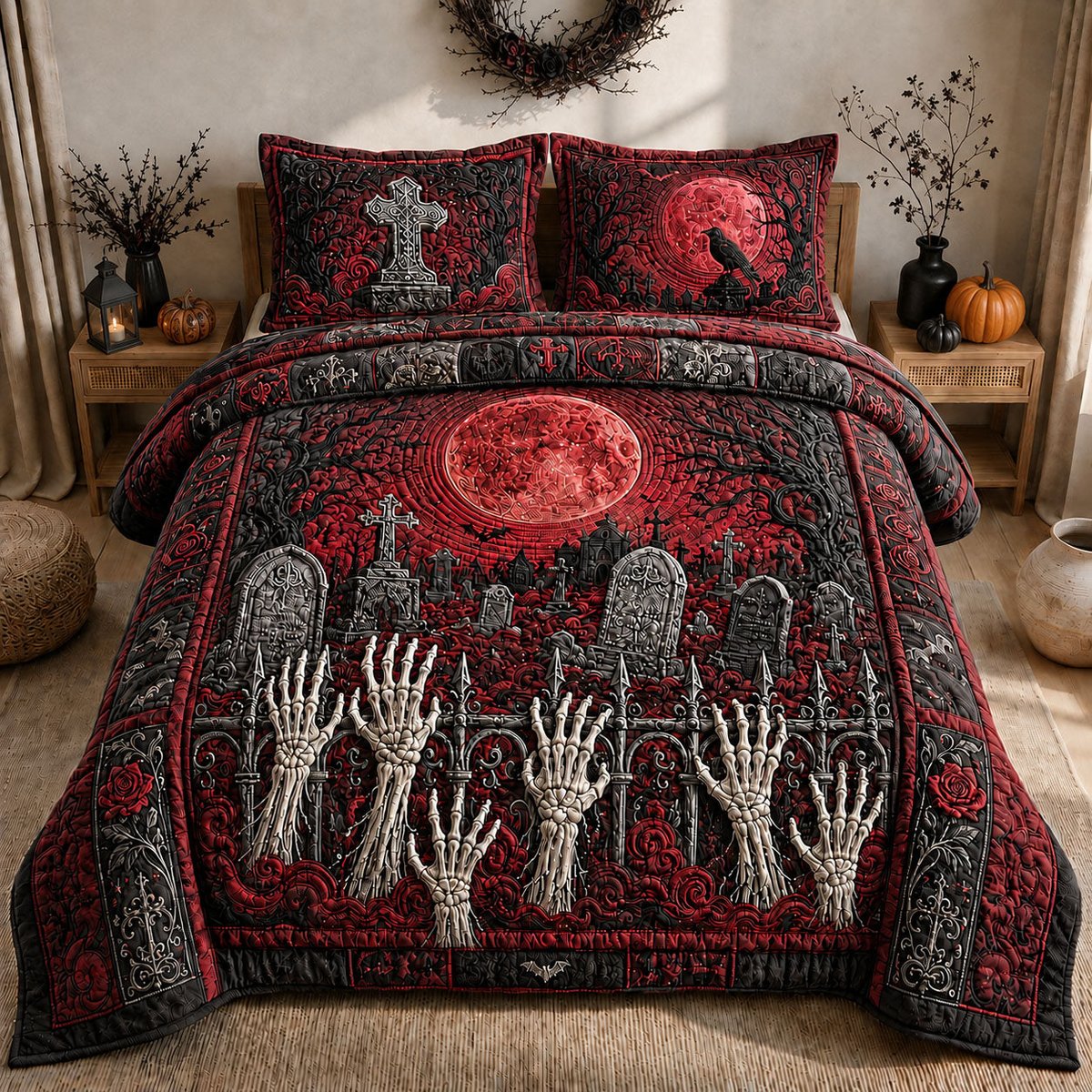 Zombie Hands Graveyard Sunset 3 Piece Quilted Bedding Set Gift For Nature Lovers
