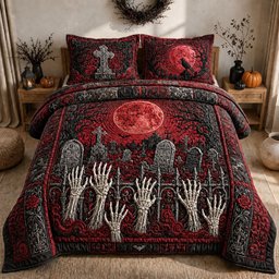 Zombie Hands Graveyard Sunset 3 Piece Quilted Bedding Set Gift For Nature Lovers