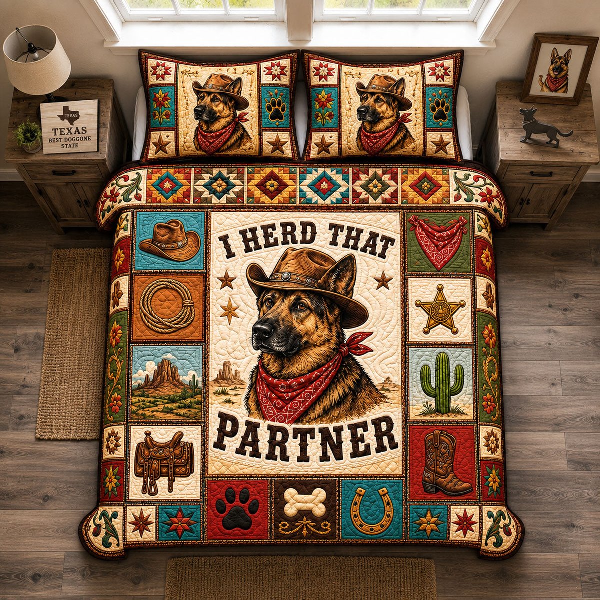 German Shepherd Cowboy Dog 3 Piece Quilted Bedding Set Gift For Dog Lovers