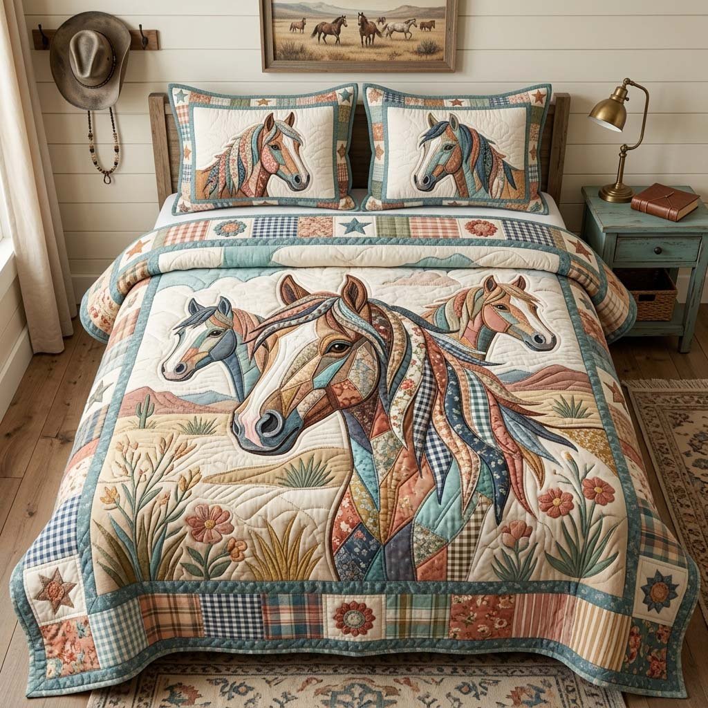 Patchwork Horse Dream 3 Piece Quilted Bedding Set Gift For Horse Lovers