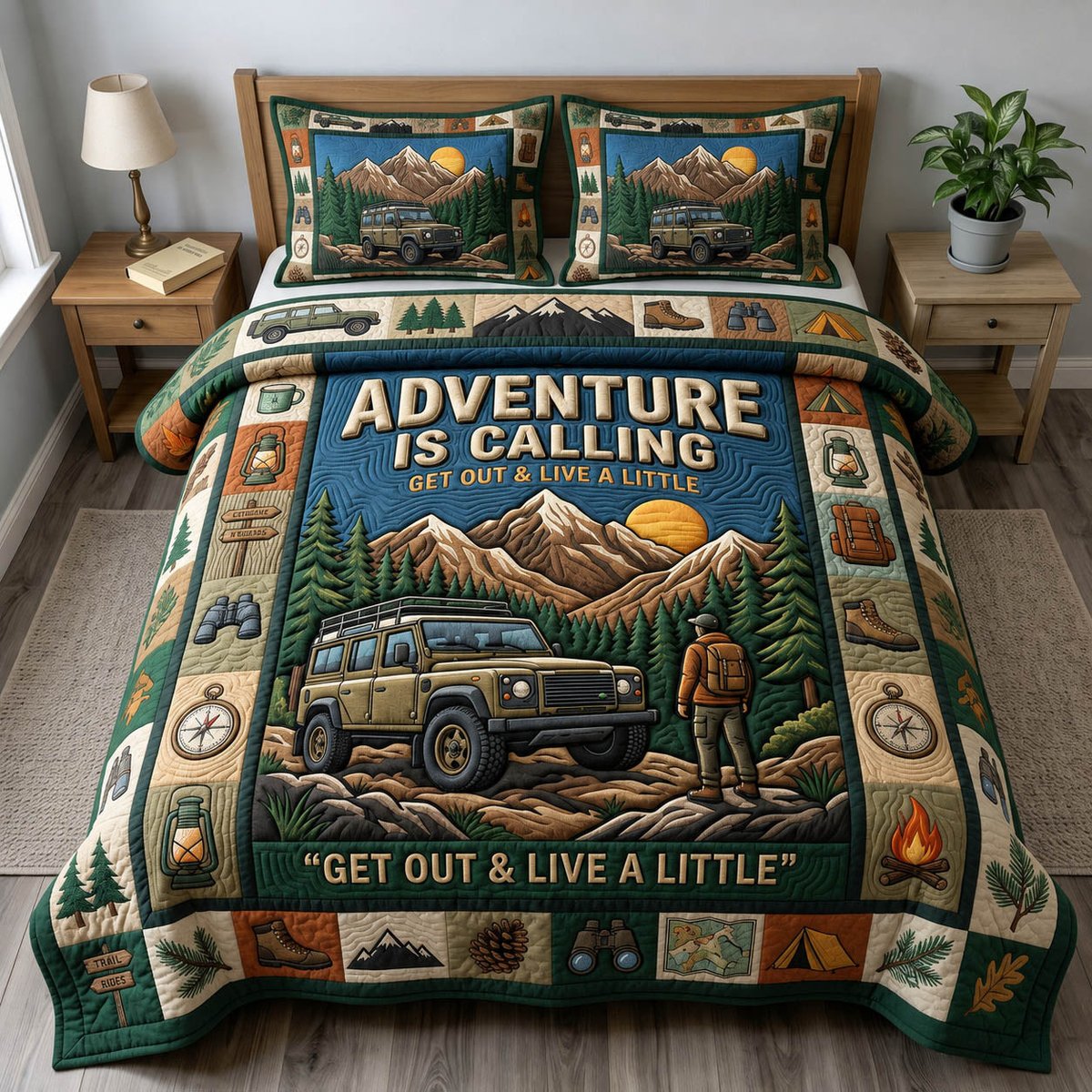 Camping Life 3 Piece Quilted Bedding Set Gift For Campers
