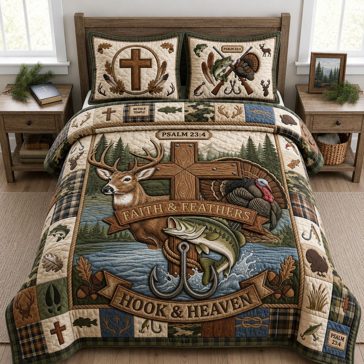 Hook and Heaven Fishing 3 Piece Quilted Bedding Set Gift For Hunters