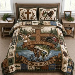 Hook and Heaven Fishing 3 Piece Quilted Bedding Set Gift For Hunters