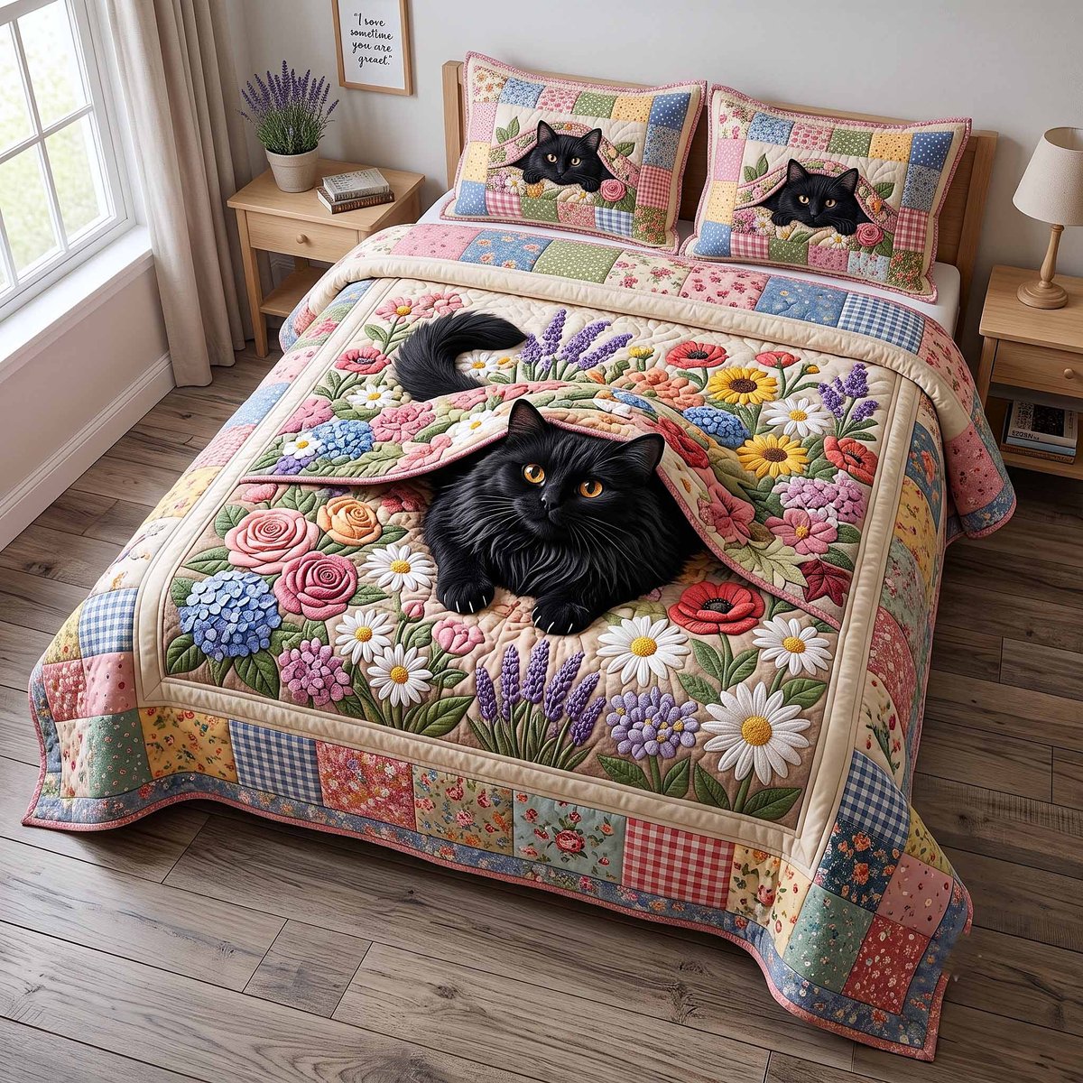 Black Cat in Bloom 3 Piece Quilted Bedding Set Gift For Cat Lovers