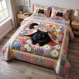 Black Cat in Bloom 3 Piece Quilted Bedding Set Gift For Cat Lovers