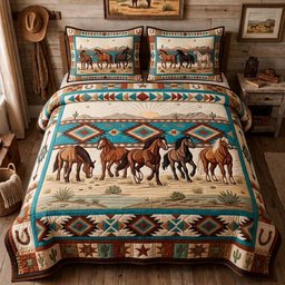 Diamond Horse Panel 3 Piece Quilted Bedding Set Gift For Horse Lovers