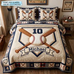 Crossed Bats Crest 3 Piece Quilted Bedding Set Gift For Sports Fans