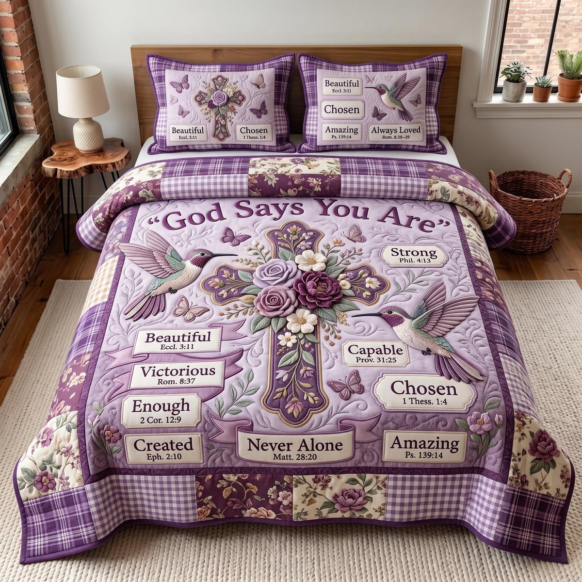 Floral Bible 3 Piece Quilted Bedding Set Gift For Christians