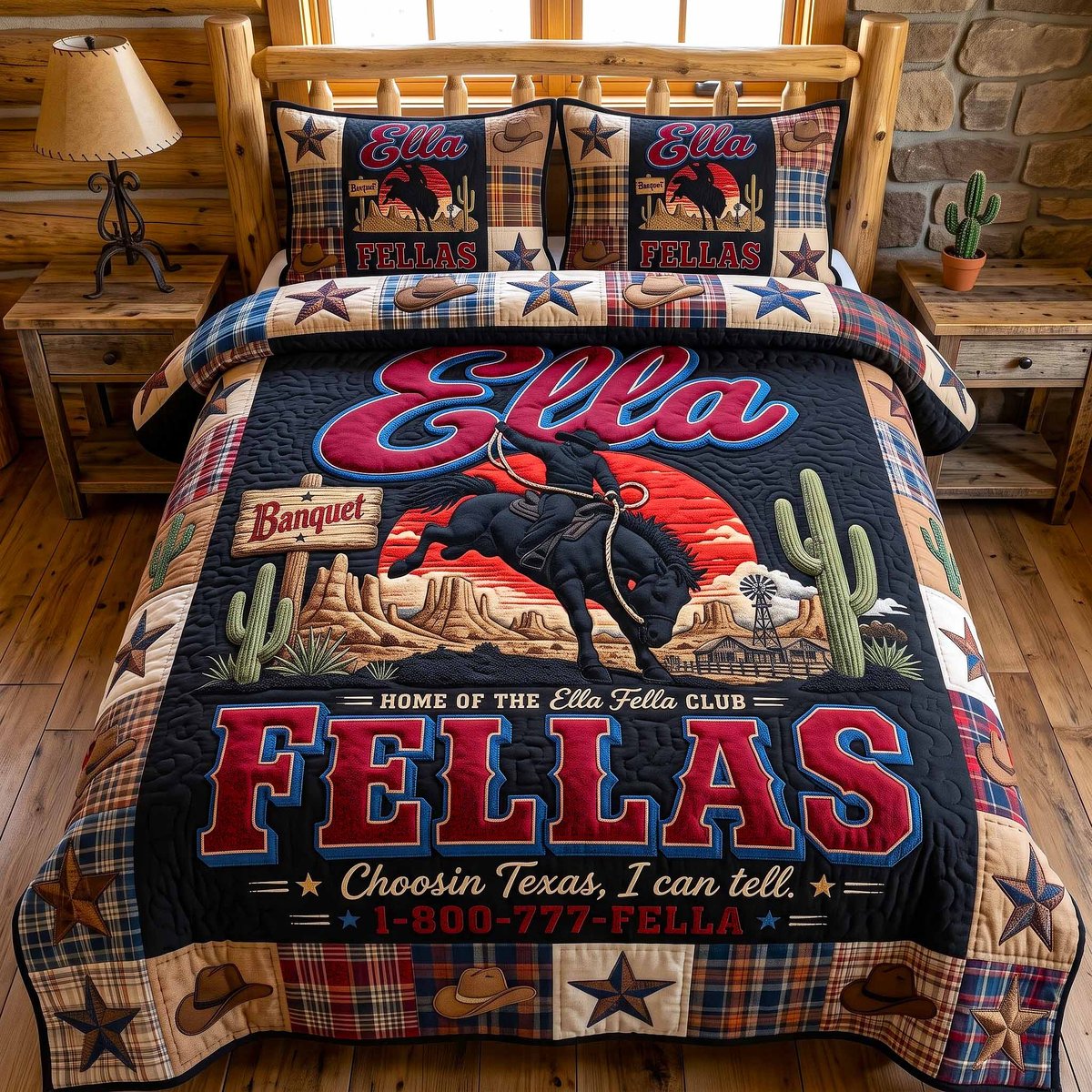 Ella Fella Club Cowboy 3 Piece Quilted Bedding Set Gift For Western Lovers