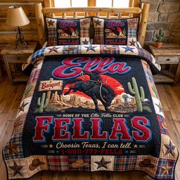 Ella Fella Club Cowboy 3 Piece Quilted Bedding Set Gift For Western Lovers