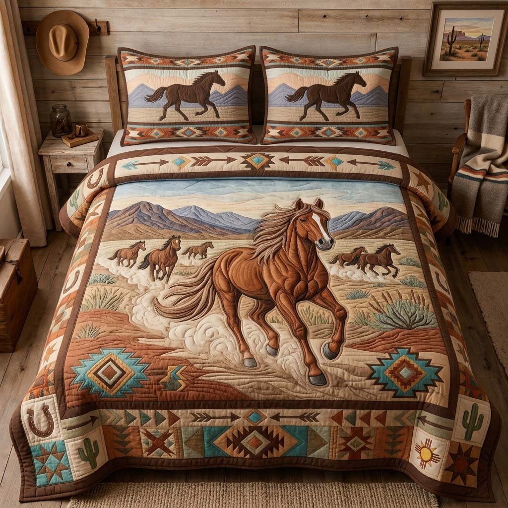 Dust Trail Stallion 3 Piece Quilted Bedding Set Gift For Horse Lovers