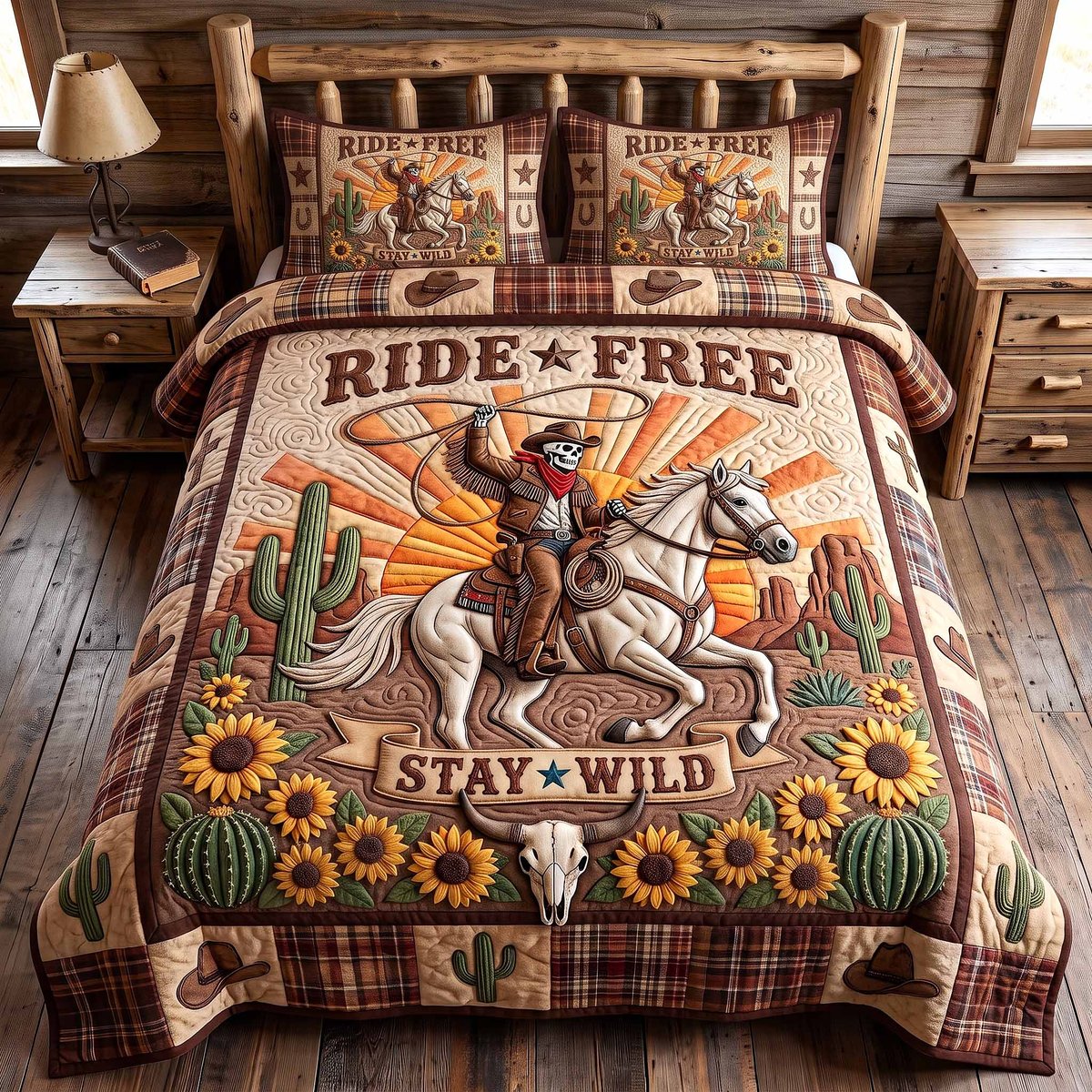 Wild Frontier Cowboy 3 Piece Quilted Bedding Set Gift For Western Lovers