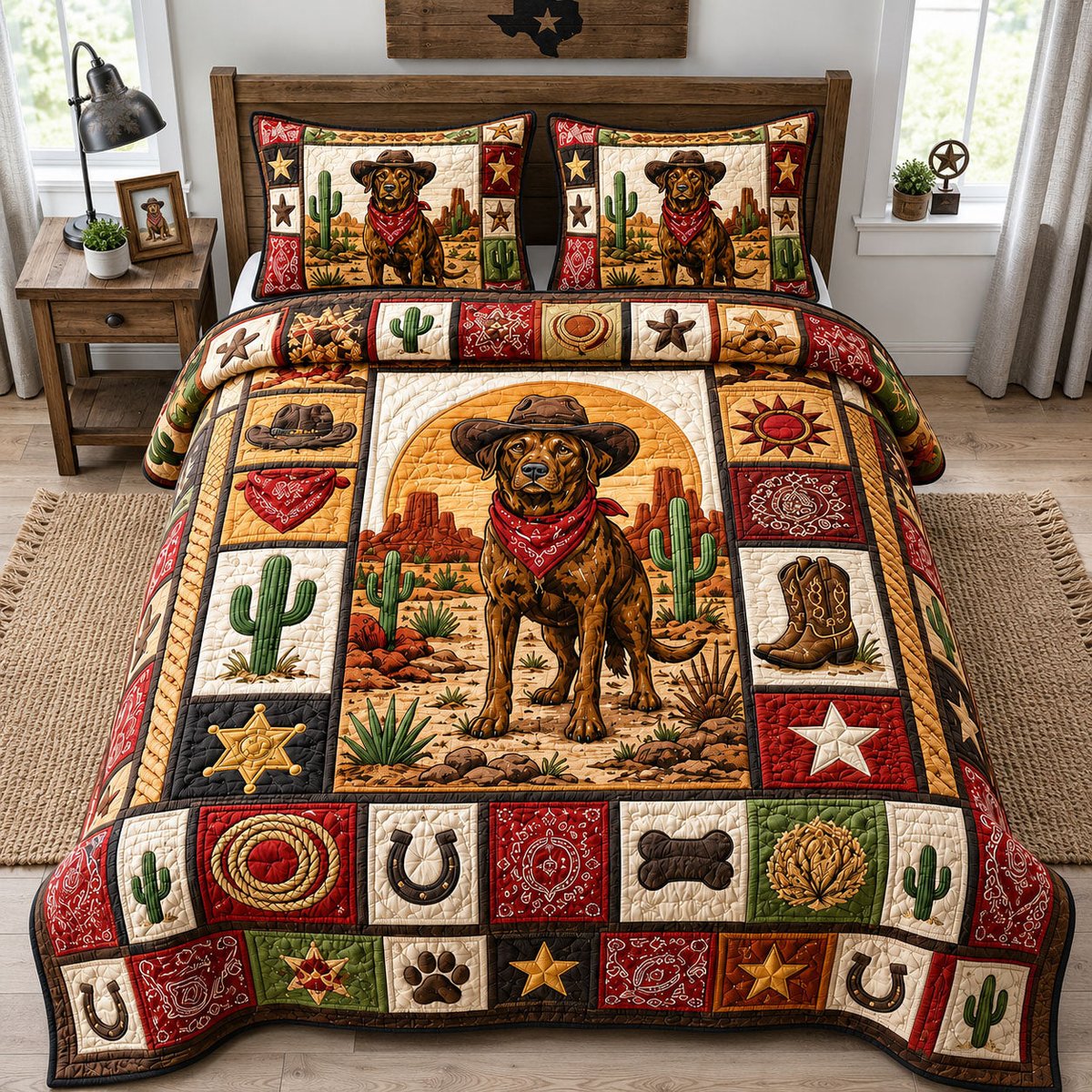 Labrador Retriever Desert Cowboy 3 Piece Quilted Bedding Set Gift For Dog Lovers