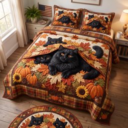 Autumn Cat 3 Piece Quilted Bedding Set Gift For Cat Lovers
