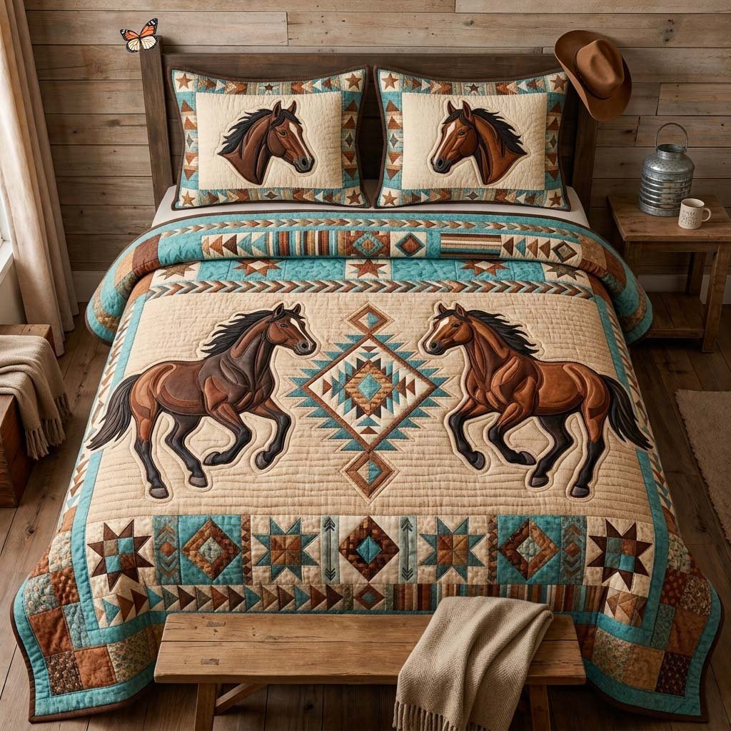 Twin Horse Spirit 3 Piece Quilted Bedding Set Gift For Horse Lovers